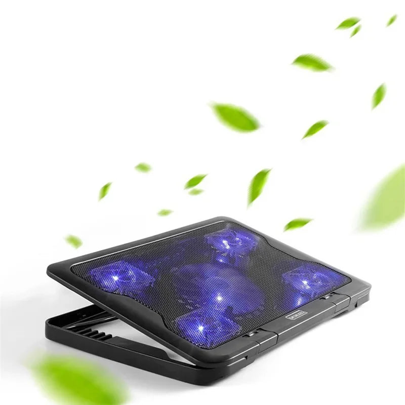 म्याकबुक ल्यापटप नोटबुक पेरिफेरल्सको लागि शान्त ल्यापटप कूलिङ प्याड एलईडी बेस स्ट्यान्ड २ USB पोर्ट पाँच ठूला कूलिङ फ्यान कूलिङ प्याड