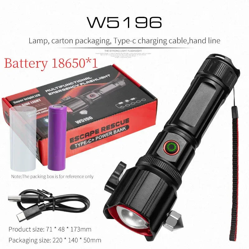 USB चार्जिङ COB सुरक्षा ह्यामर बहु-कार्यात्मक वाटरप्रूफ एल्युमिनियम मिश्र धातु सेतो लेजर टर्चको साथ उच्च शक्ति जुम एलईडी टर्चलाइट