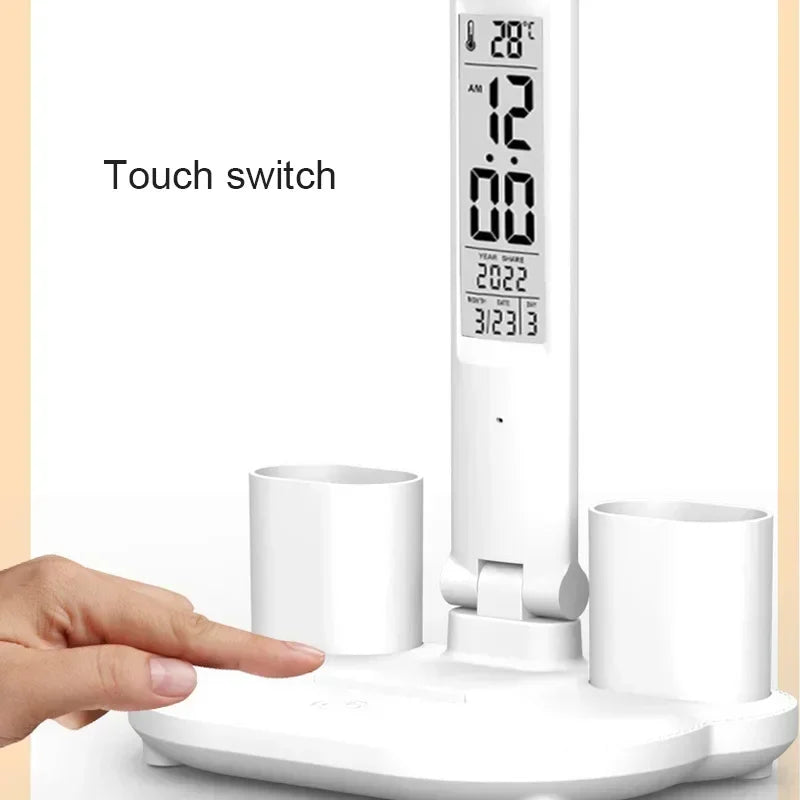 अध्ययन पठन बत्तीको लागि क्यालेन्डर तापक्रम घडी रात्रि बत्ती सहितको एलईडी डेस्क ल्याम्प यूएसबी डिम्मेबल टच फोल्डेबल टेबल ल्याम्प