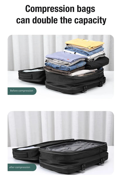 यात्रा पुरुष विस्तारित ल्यापटप ब्याकप्याक भ्याकुम कम्प्रेसन हाइकिङ ब्याकप्याक USB चार्जिङ व्यवसाय पम्पहरूको लागि ठूलो क्षमताको ब्याकप्याक