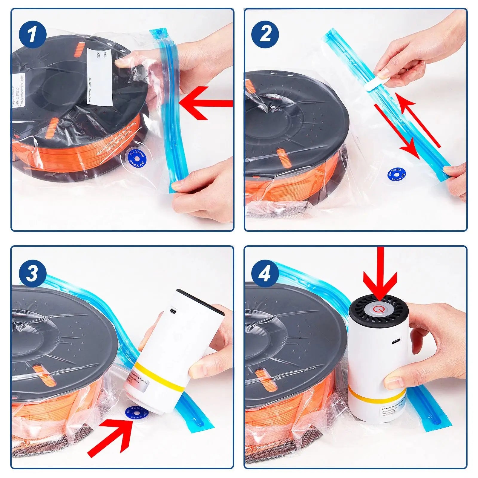 थ्रीडी प्रिन्टर फिलामेन्ट भण्डारण भ्याकुम सिलर ब्याग, सक्शन पम्प, भ्याकुम सिलरको लागि स्वचालित पम्प र ह्यान्ड पम्प