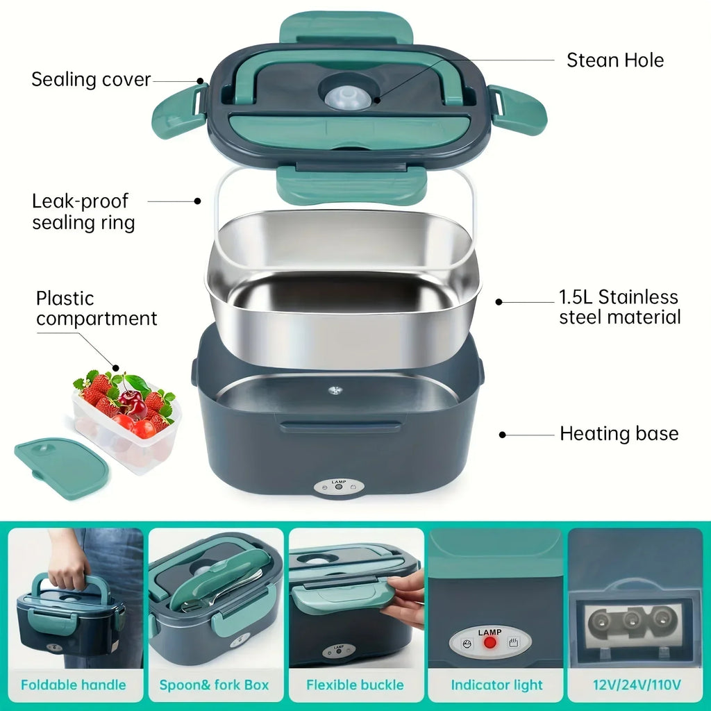 HOMEFISH १.५ लिटर ६० वाट इलेक्ट्रिक लन्च बक्स फूड वार्मर पोर्टेबल फूड हीटर कार वा घरको लागि - चुहावट प्रतिरोधी ३०४ स्टेनलेस स्टील लाइनर
