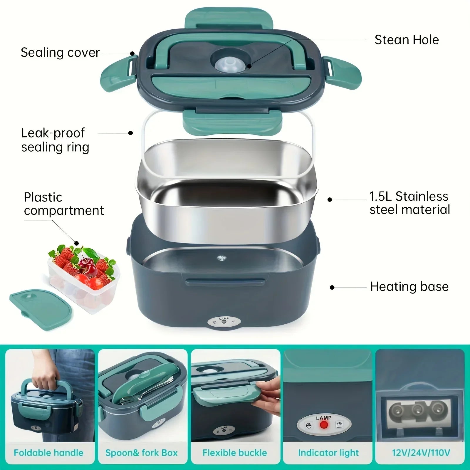 HOMEFISH १.५ लिटर ६० वाट इलेक्ट्रिक लन्च बक्स फूड वार्मर पोर्टेबल फूड हीटर कार वा घरको लागि - चुहावट प्रतिरोधी ३०४ स्टेनलेस स्टील लाइनर