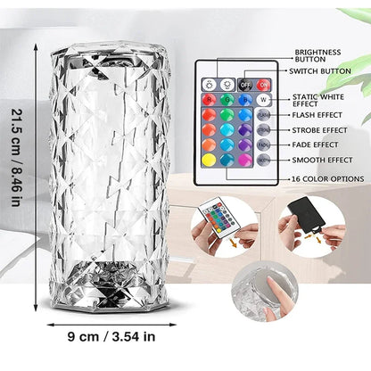 LED Rose Lamp Crystal Table Lamp 3/16 Colors Touch/Remote Diamond  Romantic Christmas USB Party Night Light Projector Light