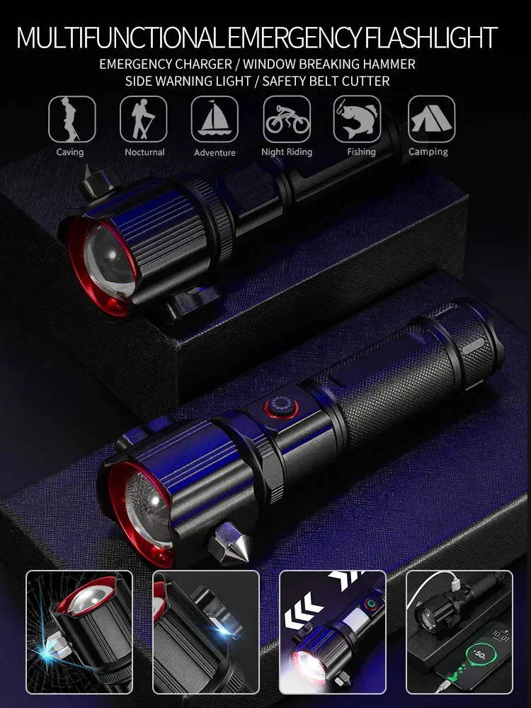 USB चार्जिङ COB सुरक्षा ह्यामर बहु-कार्यात्मक वाटरप्रूफ एल्युमिनियम मिश्र धातु सेतो लेजर टर्चको साथ उच्च शक्ति जुम एलईडी टर्चलाइट