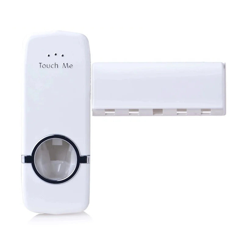 घर परिवार स्वचालित अटो टूथपेस्ट डिस्पेंसर र ५ टुथब्रश होल्डर सेट वाल माउन्ट स्ट्यान्ड टूथपेस्ट स्क्विजर